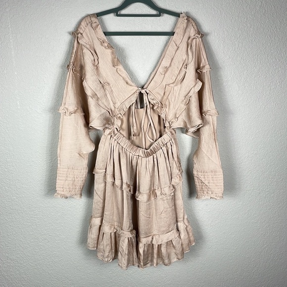 New ASOS Design Tiered Soft Mini Dress Pleated Tie Front Open Back Blush Sz 4 - Picture 6 of 12